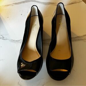 Cole Haan Nike Air Wedges Women’s 8B Black Leather Peep Toe Comfort Shoes